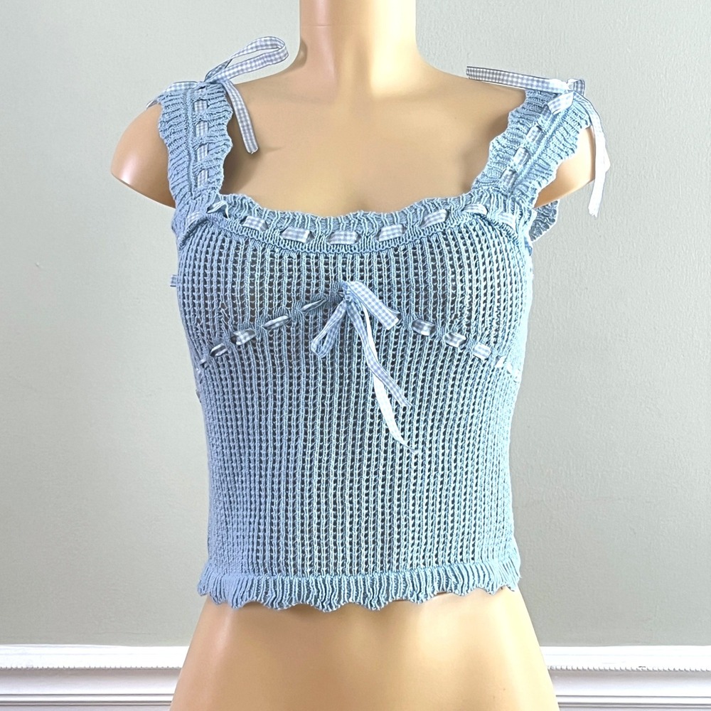 Lush Knit Tank Top Women Sz S Baby Blue Ribbon‎ Bows Cottagecore Cropped